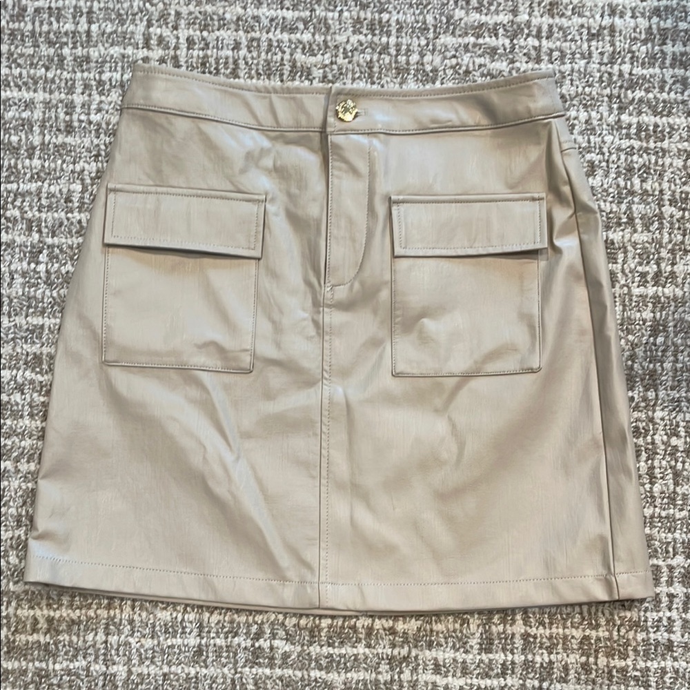 Tan Faux leather A-Line Mini Skirt with Cargo Style